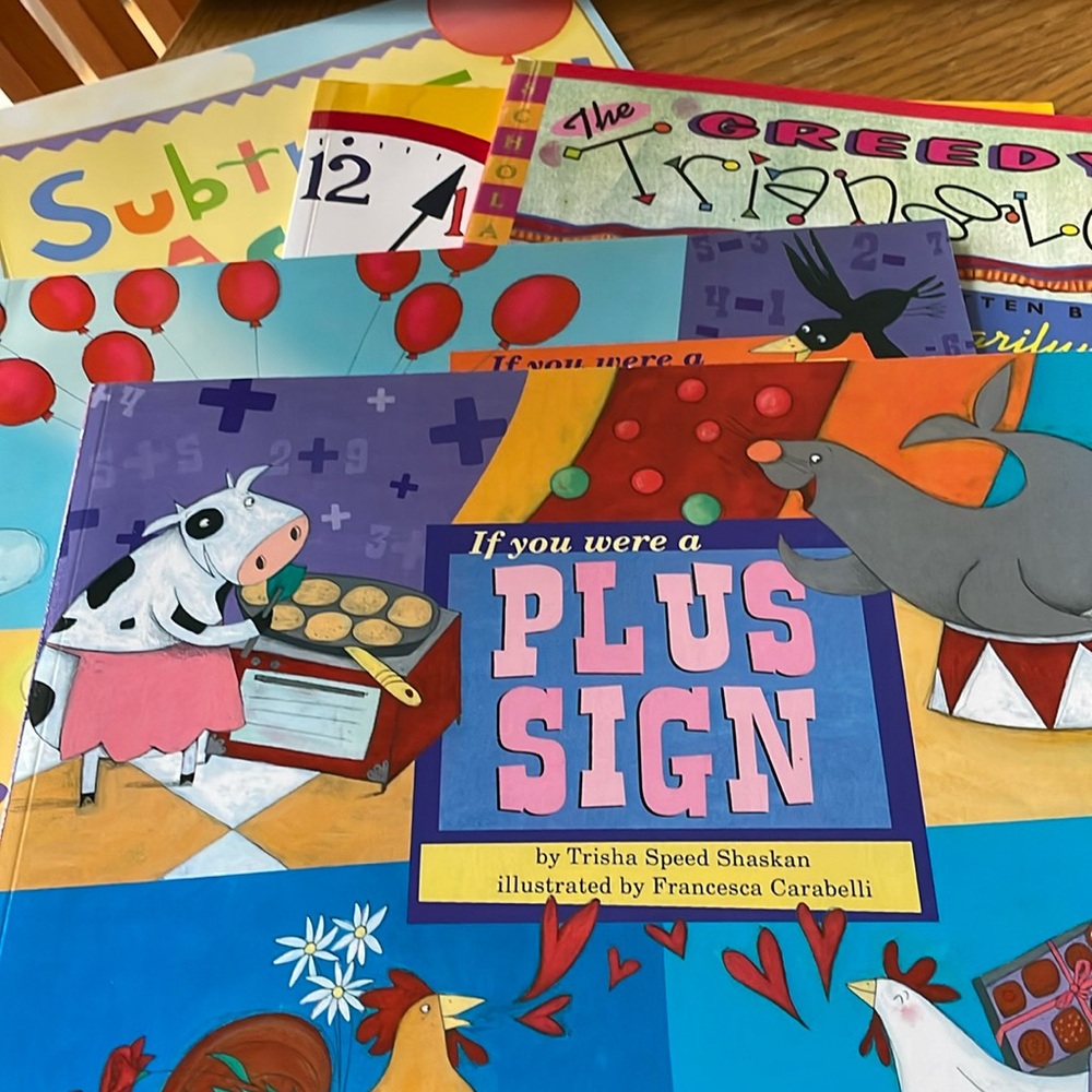 5 Math Literature Books- The Greedy Triangle - Telling Time - Subtraction Action